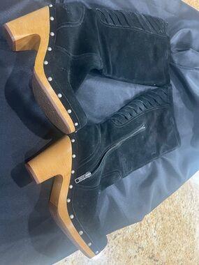 UGG Black Suede Studded Clog Ankle Boots with Wood Heels